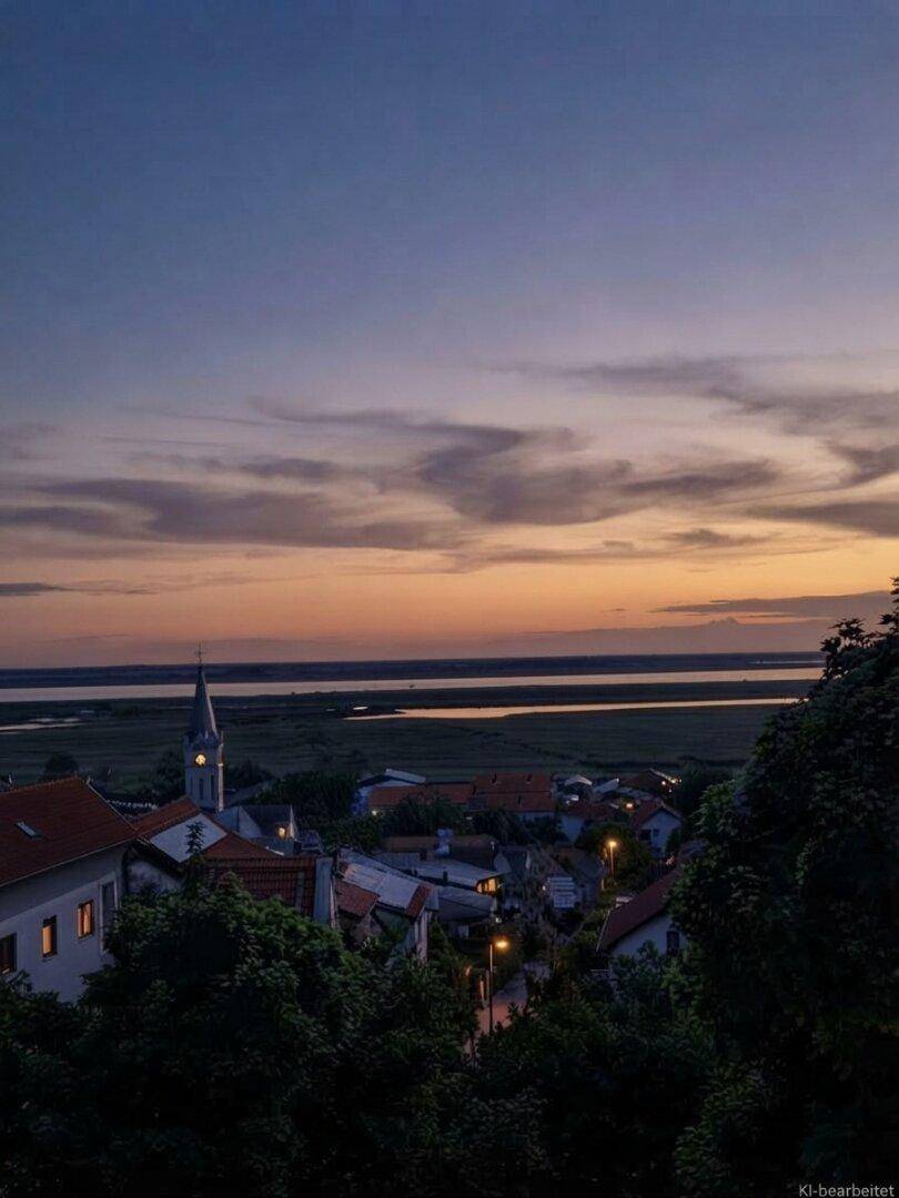 Panoramablick über eine malerische Stadt mit Kirche und Flusslandschaft bei Sonnenuntergang.