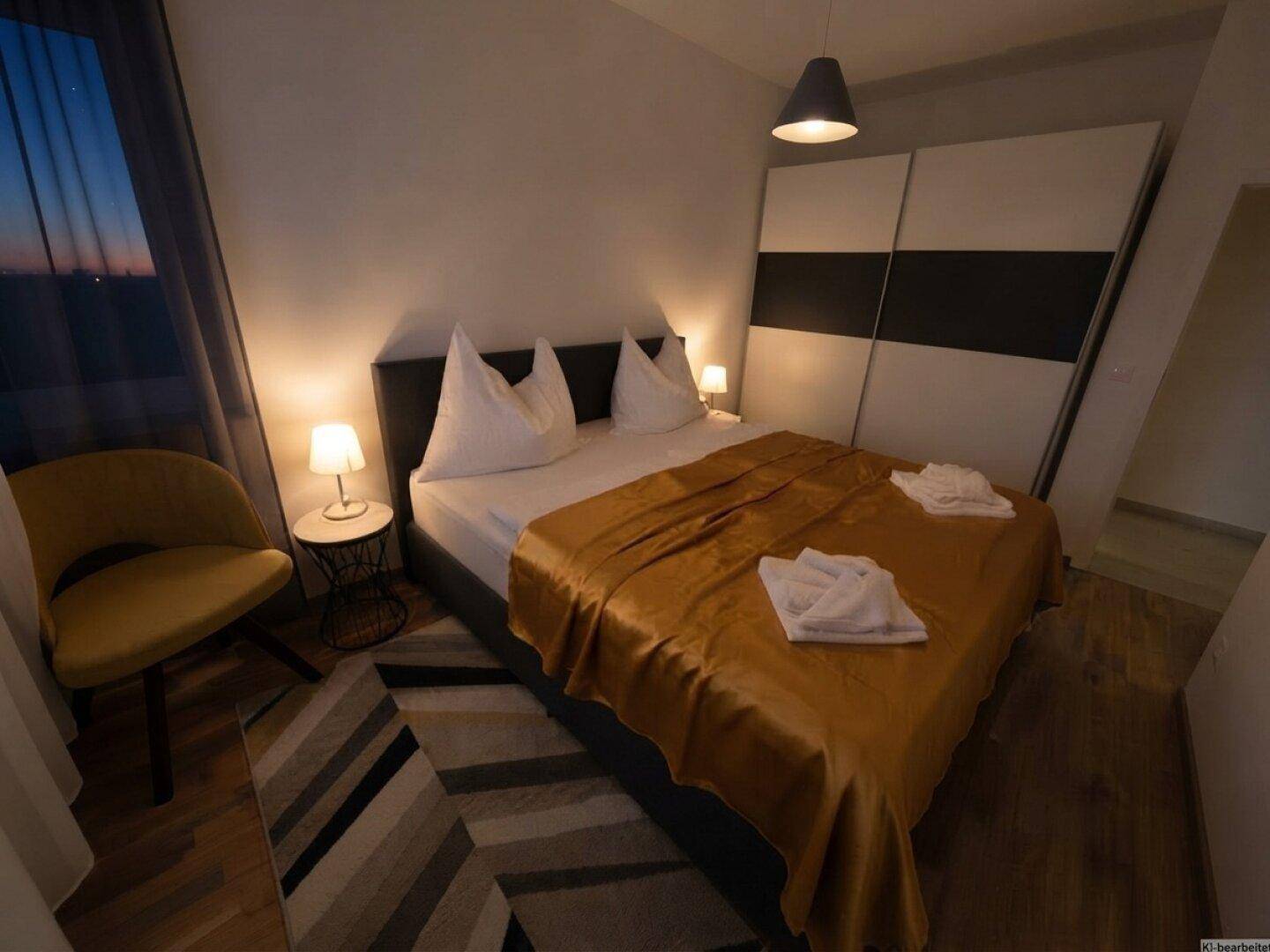 Schlafzimmer mit Doppelbett, Nachttischen und modernem Schiebetürenschrank.