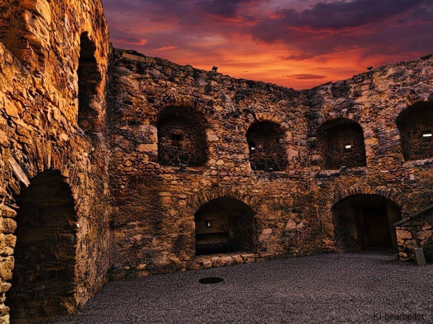 Alte Steinmauern einer Burgruine mit gewölbten Öffnungen unter einem dramatischen Sonnenuntergangshimmel.