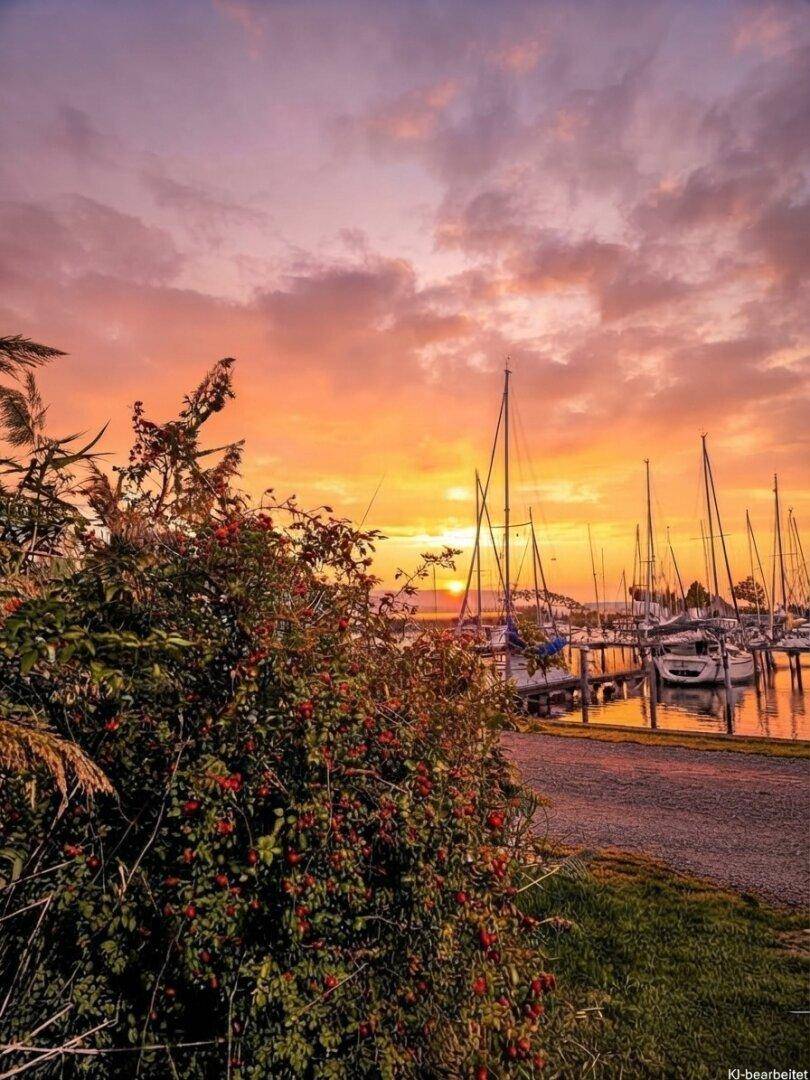 Malerischer Sonnenuntergang über einem Yachthafen mit Segelbooten und farbenprächtigem Himmel.