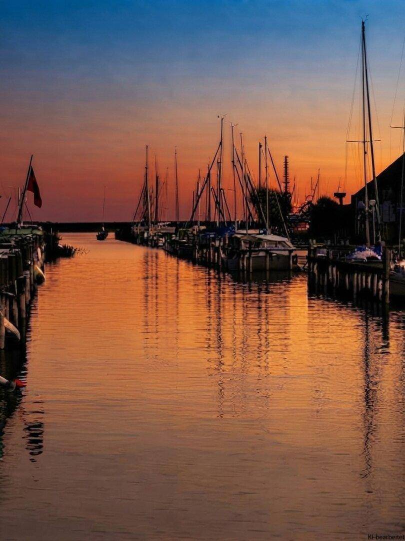 Malerischer Sonnenuntergang über einem ruhigen Yachthafen mit zahlreichen Segelbooten und warmen Reflexionen im Wasser.