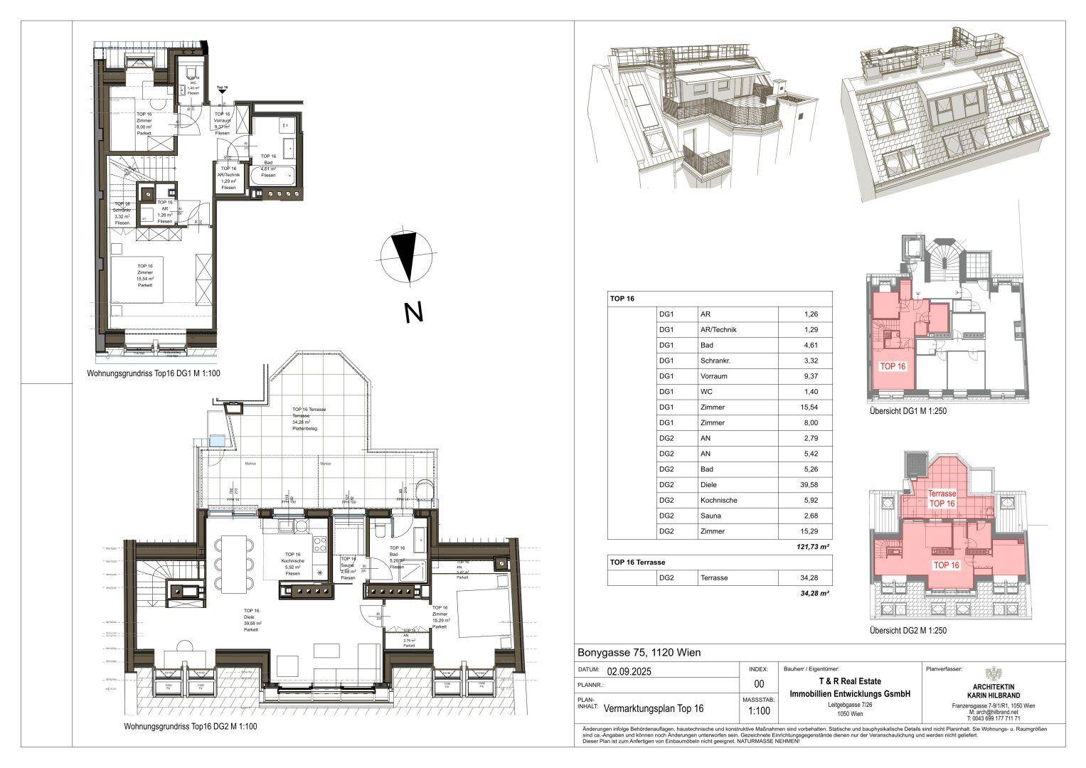 Detaillierter Grundrissplan einer Wohnung mit zwei Ebenen und Dachterrasse.