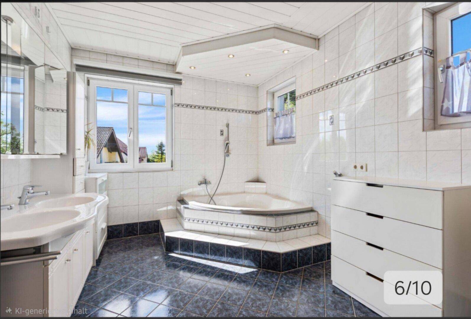 Geräumiges Badezimmer mit Doppelwaschbecken, Eckbadewanne und Fenster für Tageslicht.