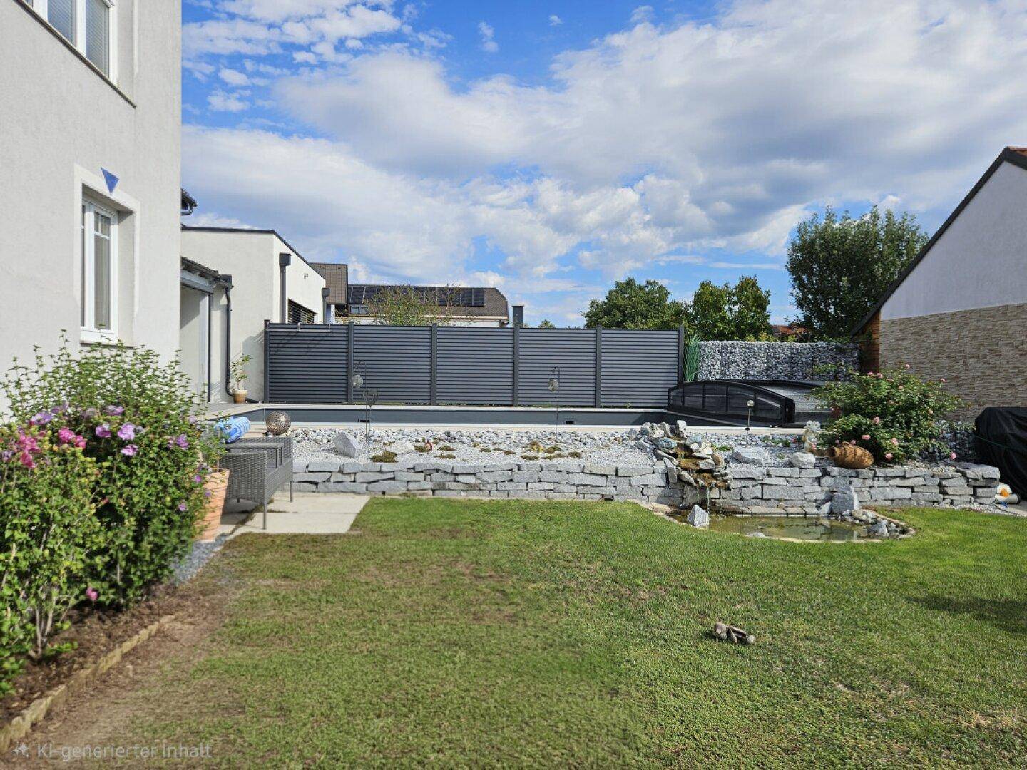 Gepflegter Gartenbereich mit Steingestaltung, kleinem Wasserfall und angrenzendem Pool.
