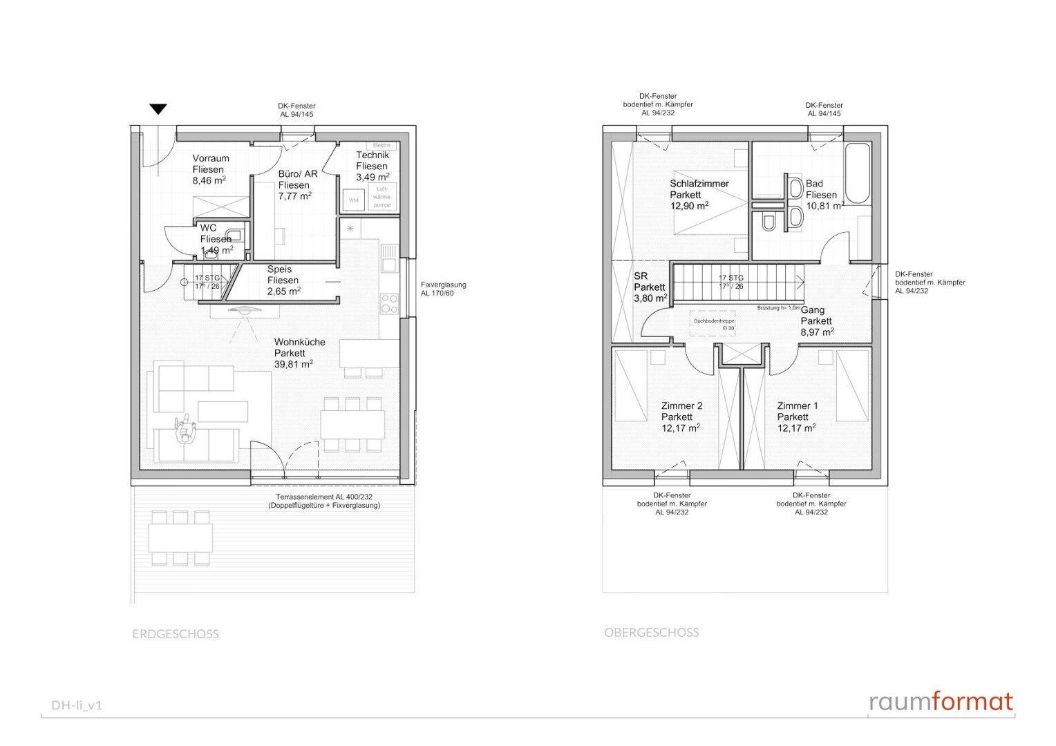 Grundriss des Erd- und Obergeschosses mit offener Wohnküche und Terrasse.