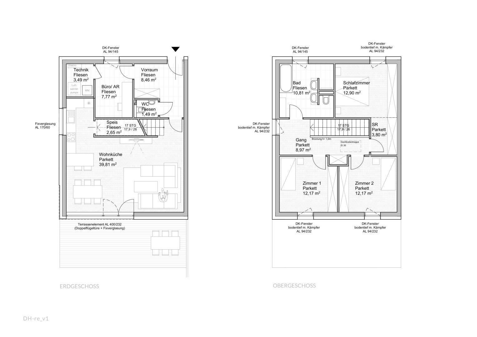 Detaillierter Grundrissplan mit Erd- und Obergeschoss, offener Wohnküche, Terrasse und drei Schlafzimmern.
