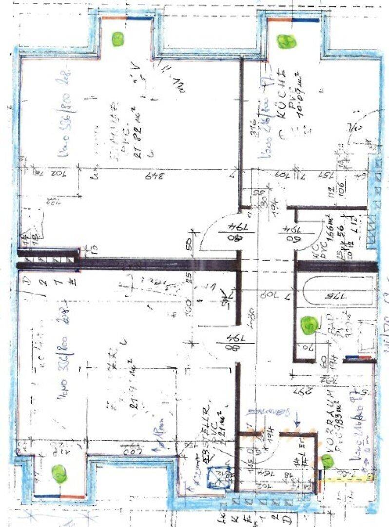 Handgezeichneter Grundriss mit Raumaufteilung und Maßangaben der Wohnung.