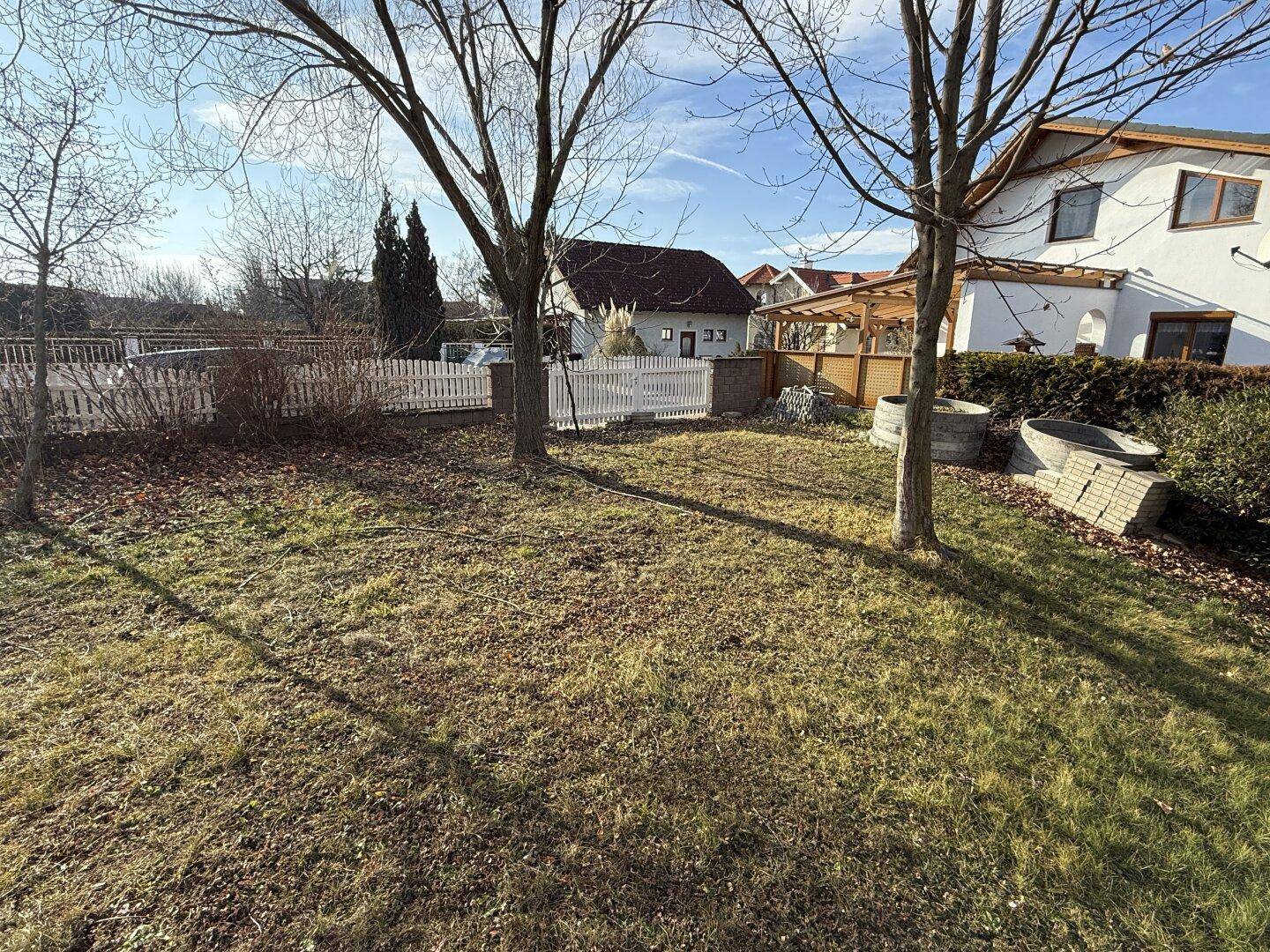 Sonniger Gartenbereich mit Rasenfläche und Blick auf das Wohnhaus im Hintergrund.