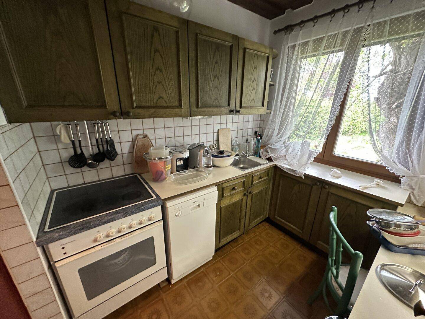 Rustikale Küche mit grünen Holzschränken, Spülmaschine und einem Fenster mit Blick ins Grüne.
