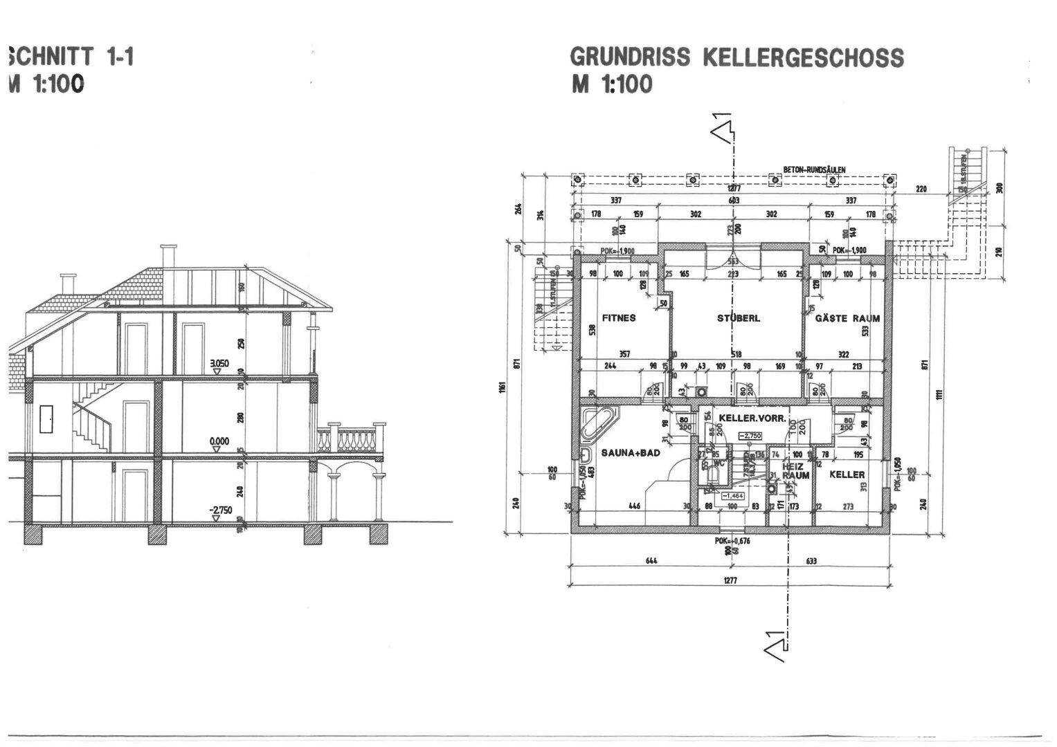 Schnittansicht und Grundriss des Kellergeschosses mit Sauna und Fitnessraum.