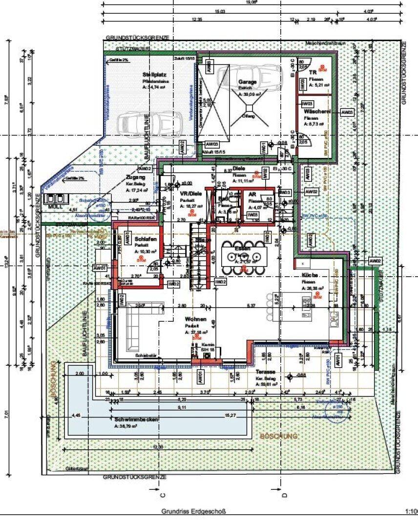 Grundriss des Erdgeschosses mit offenem Wohnbereich, Küche, Terrasse und Pool.