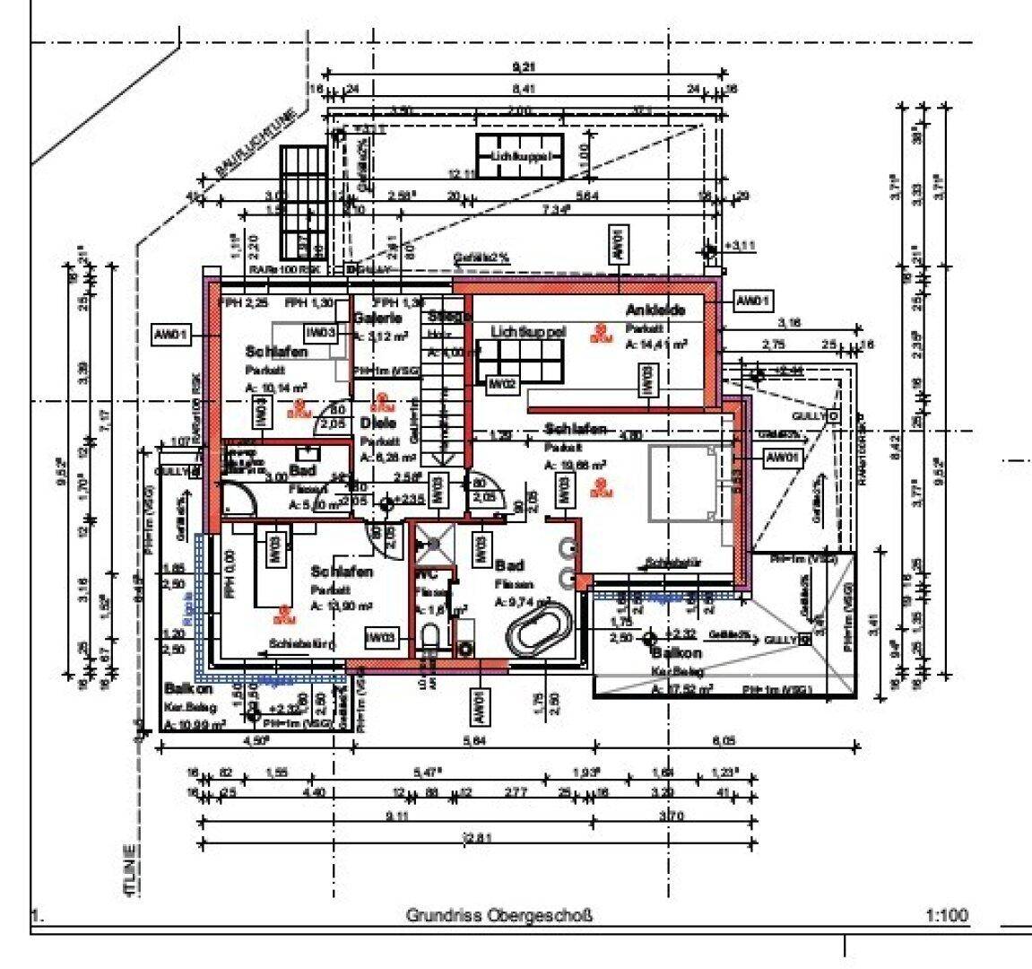 Grundriss des Obergeschosses mit Schlafzimmern, Bädern, Ankleide und Balkon.