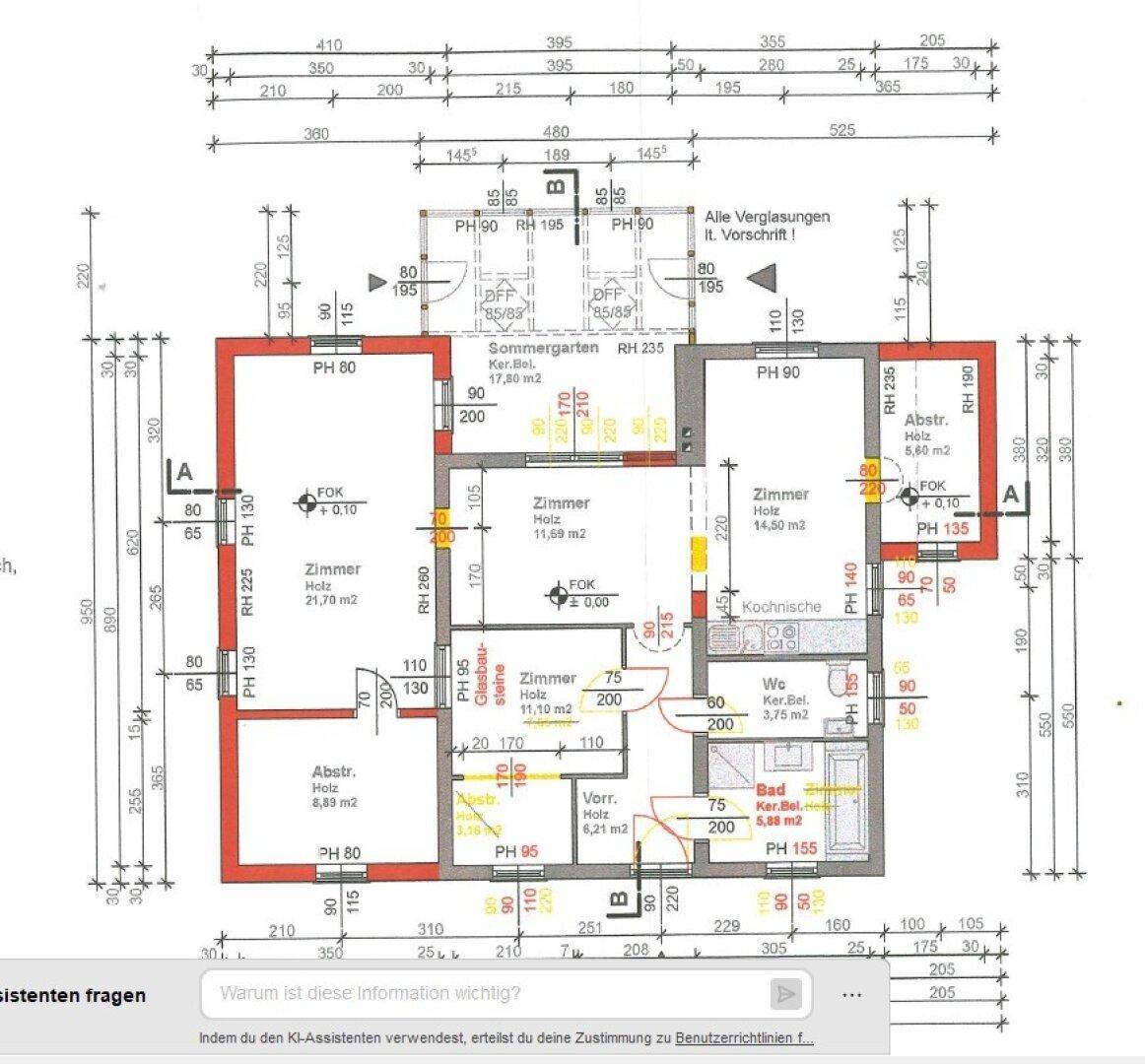 Detaillierter Grundriss des Hauses mit Raumaufteilung und Maßen.