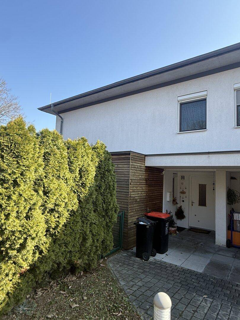 Eingangsbereich des Hauses mit gepflegter Hecke und modernem Design.