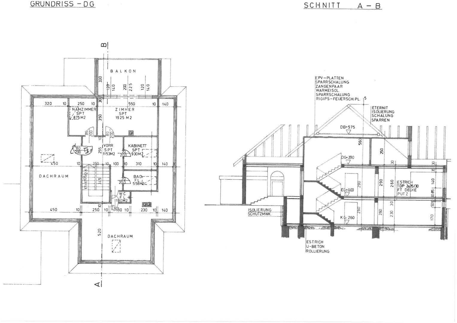 Grundrissplan für das Dachgeschoss und Schnittansicht des Gebäudes.