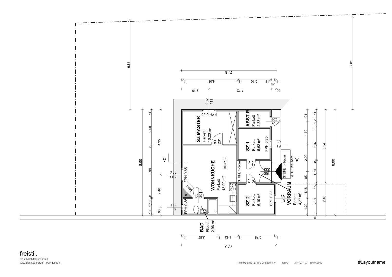 Grundriss des Hauses mit Aufteilung in Wohnküche, Schlafzimmer und Bad.