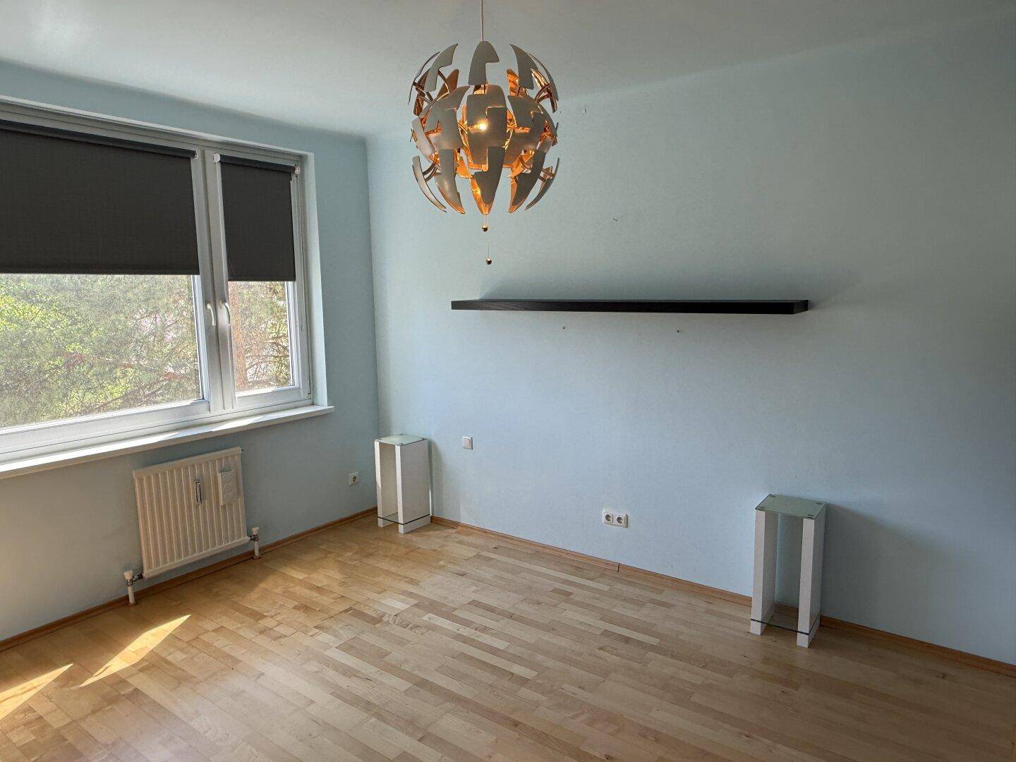 Geräumiges Zimmer mit hellblauen Wänden, Holzboden und einem modernen Deckenleuchter.