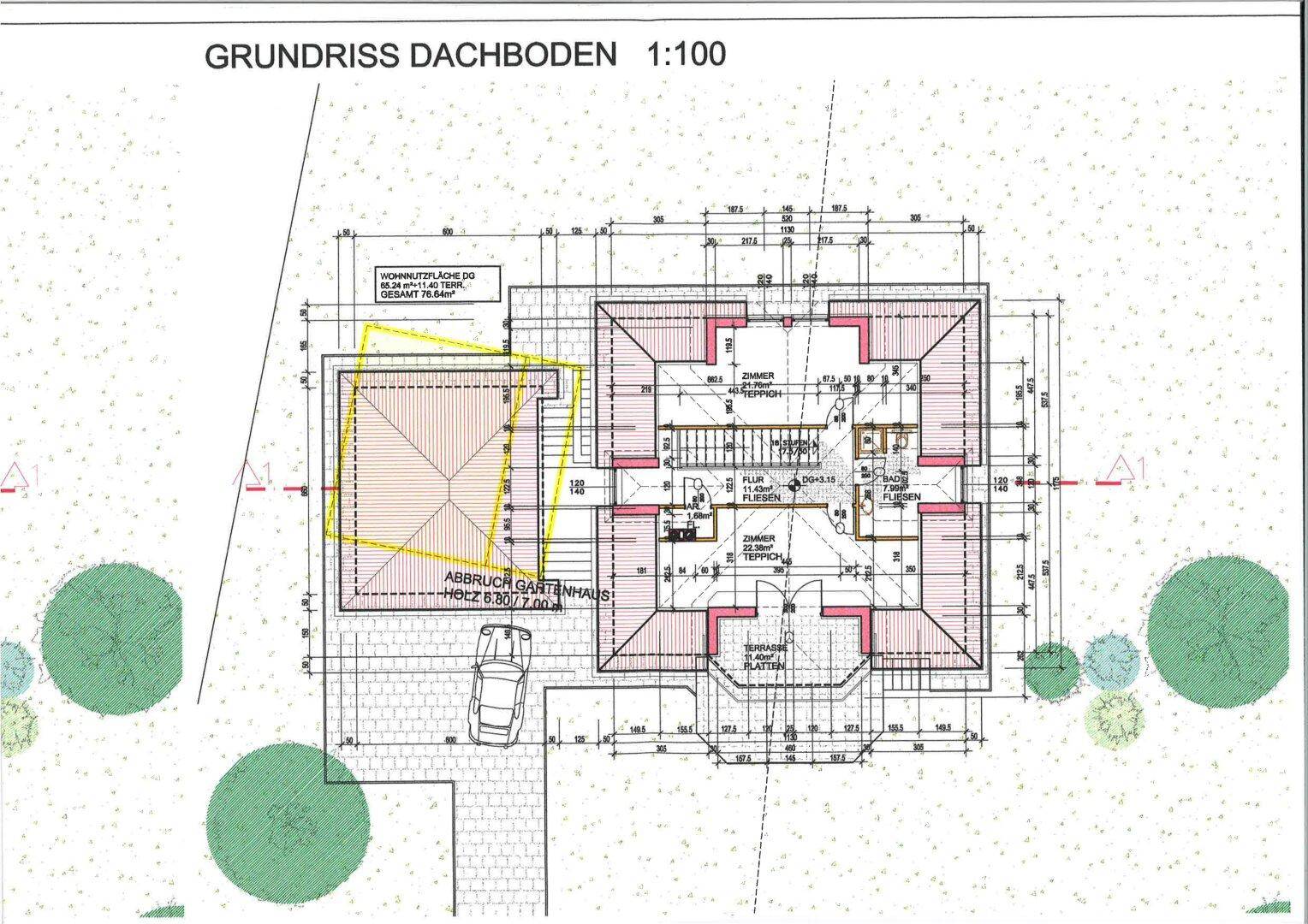 Grundriss des Dachbodens mit Schlafzimmern und Badezimmer.