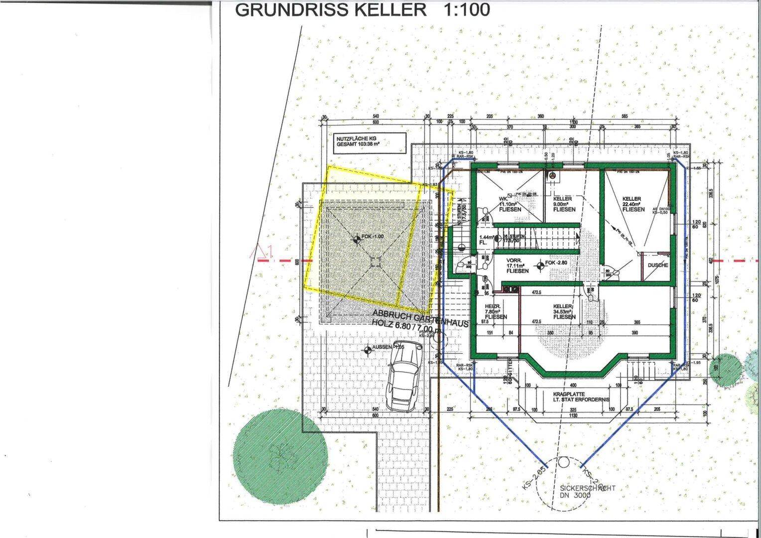 Grundriss des Kellers mit mehreren Kellerräumen und einem Duschbad.