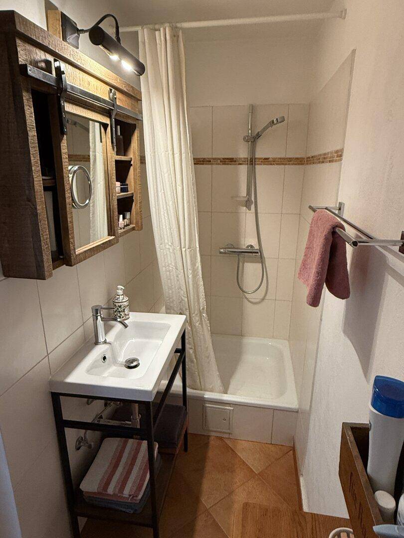 Kleines Badezimmer mit Dusche, Waschbecken und rustikalem Spiegelschrank.