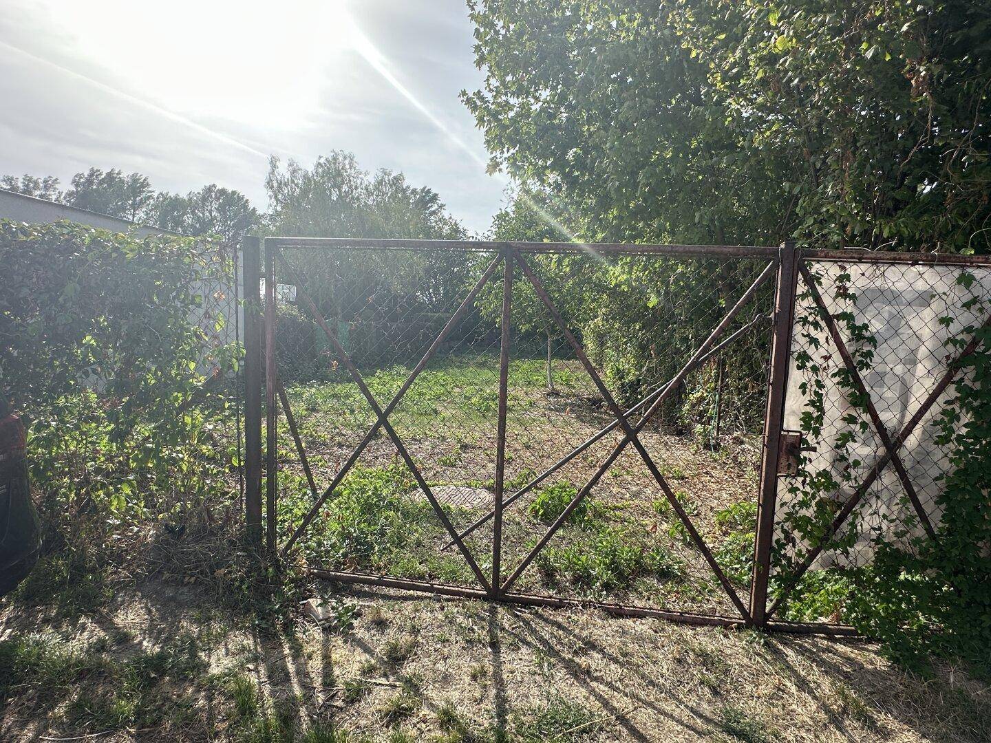 Eingezäuntes Gartengrundstück mit altem Metalltor und üppiger Vegetation im Hintergrund.