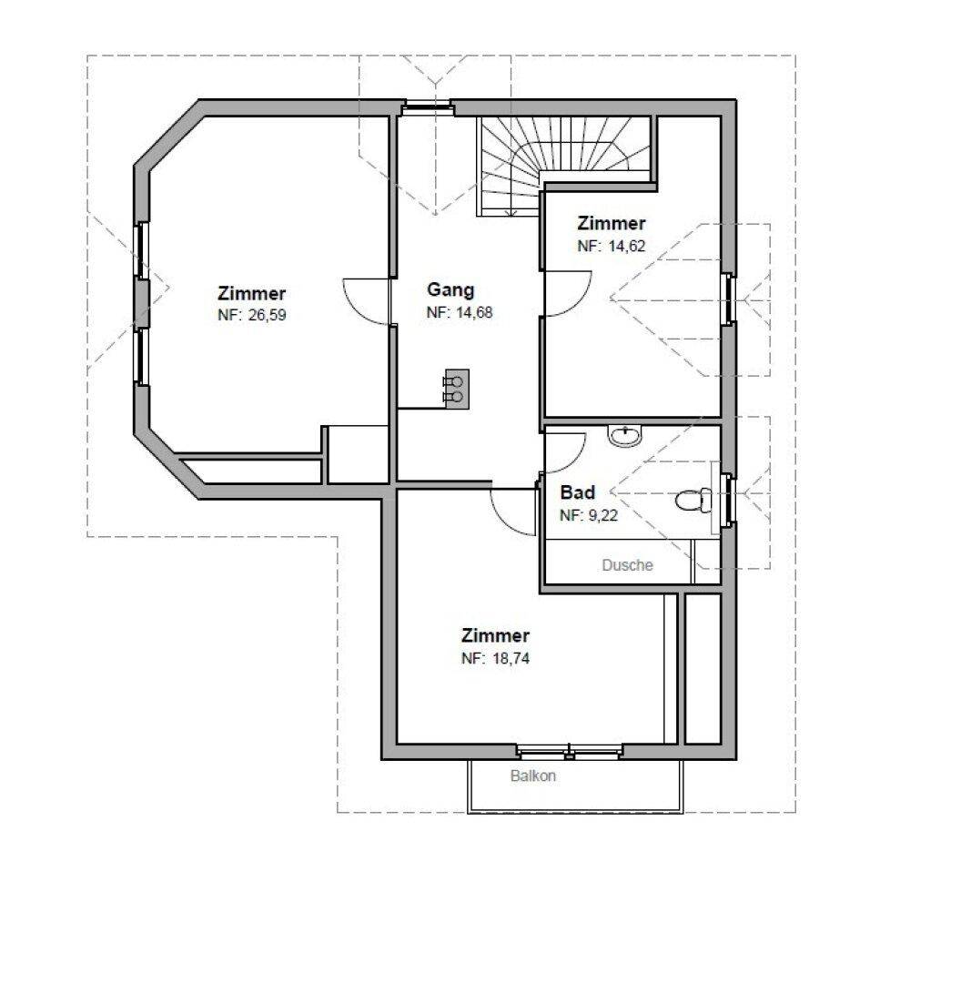 Grundriss des Obergeschosses mit Zimmern, Bad und Balkon.