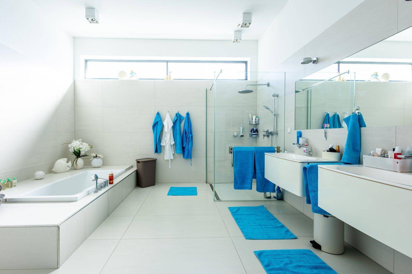 Modernes Badezimmer mit großer Badewanne, begehbarer Dusche und Doppelwaschbecken.