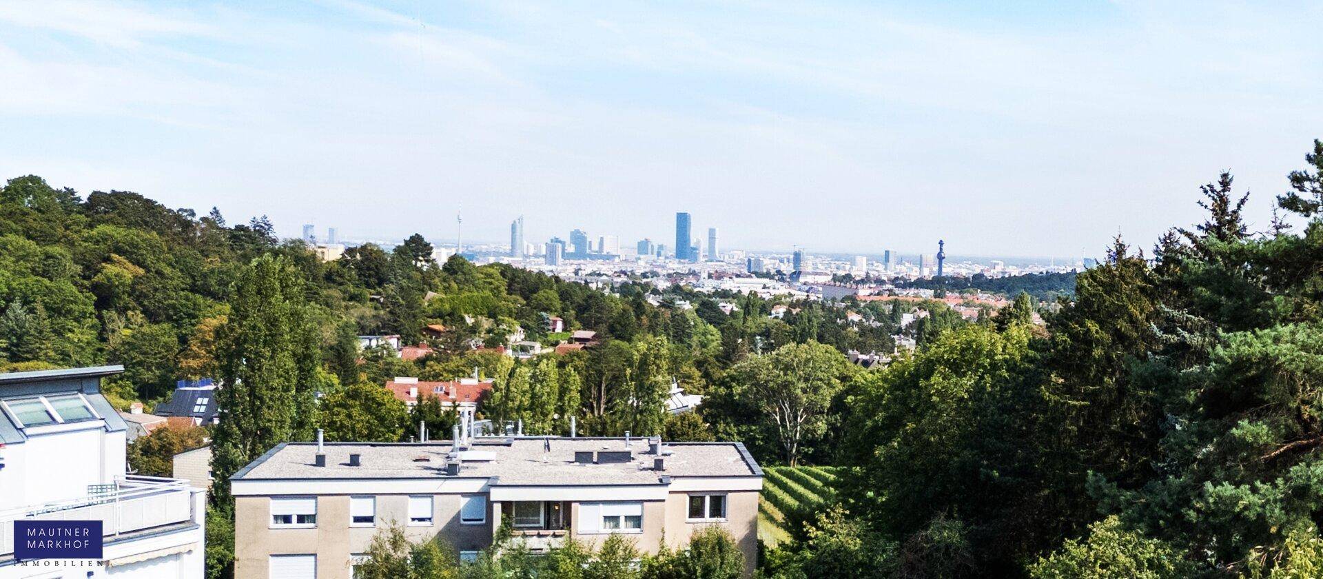 Panoramablick über grüne Hügel und Wohngebäude mit einer fernen Stadtkulisse am Horizont.
