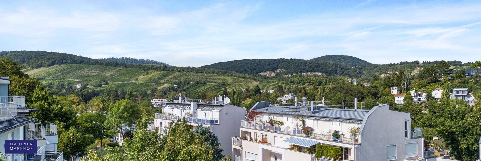 Weitläufiger Blick über moderne Wohngebäude mit Terrassen und Balkonen, umgeben von grünen Hügeln und Weinbergen.