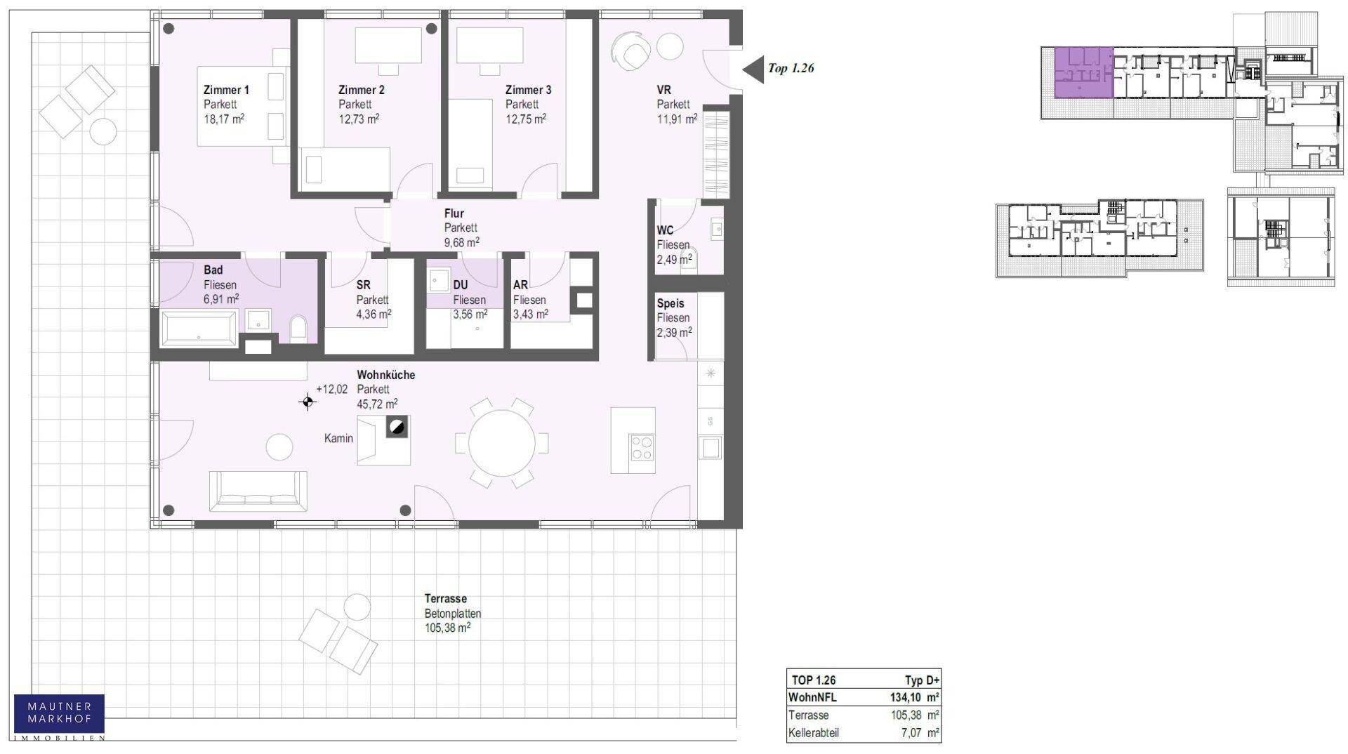 Grundriss der Wohnung mit drei Zimmern, offener Wohnküche und großer Terrasse.