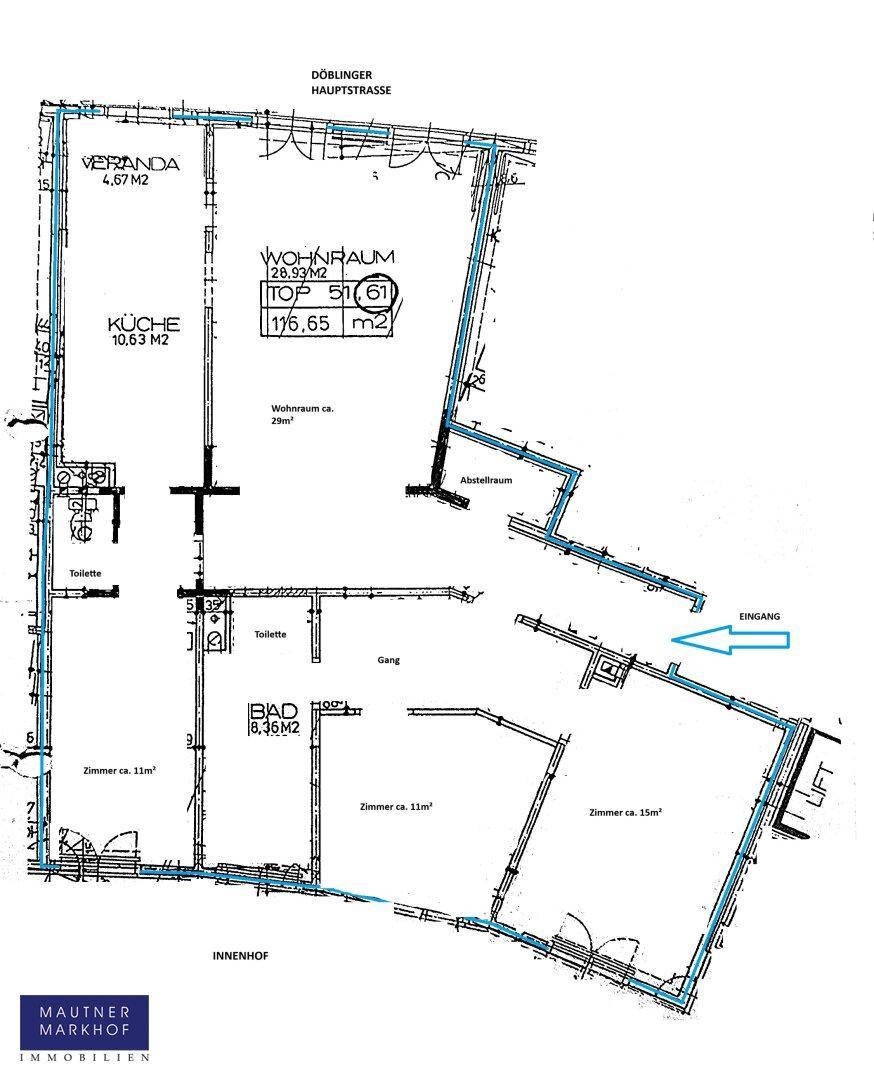 Detaillierter Grundriss der Wohnung mit verschiedenen Räumen und deren Anordnung.