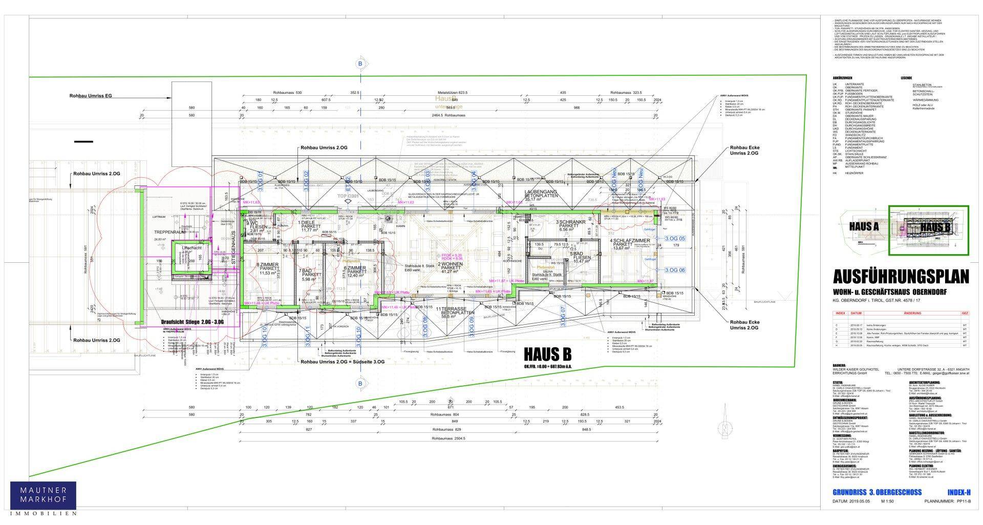 Detaillierter Ausführungsplan für Haus B mit Raumaufteilung und technischen Details.