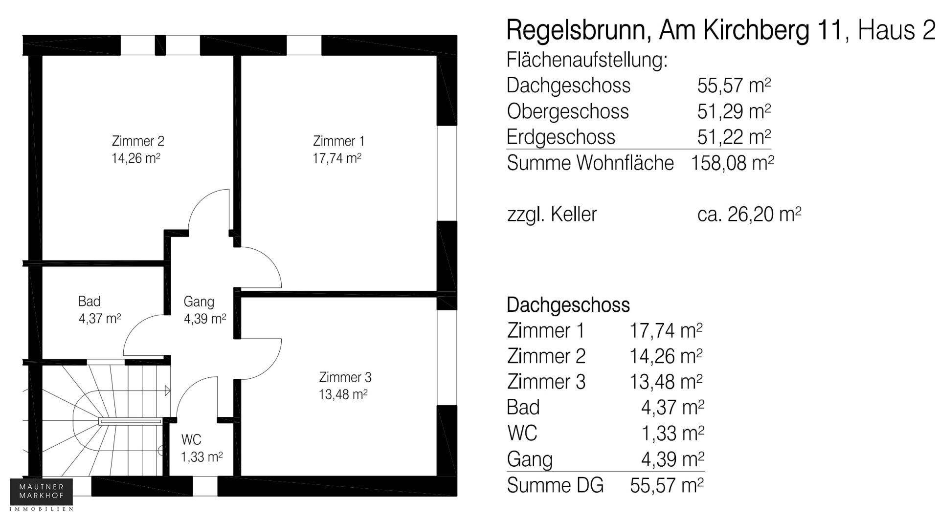 Grundriss des Dachgeschosses mit drei Zimmern, Bad und WC.