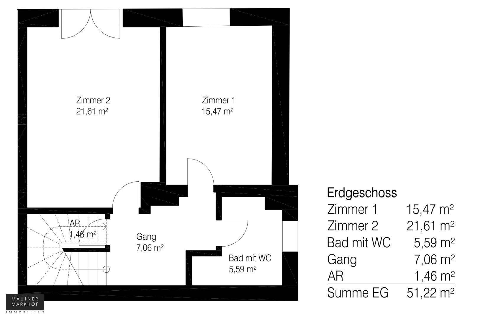 Grundriss des Erdgeschosses mit zwei Zimmern, Bad mit WC und Abstellraum.