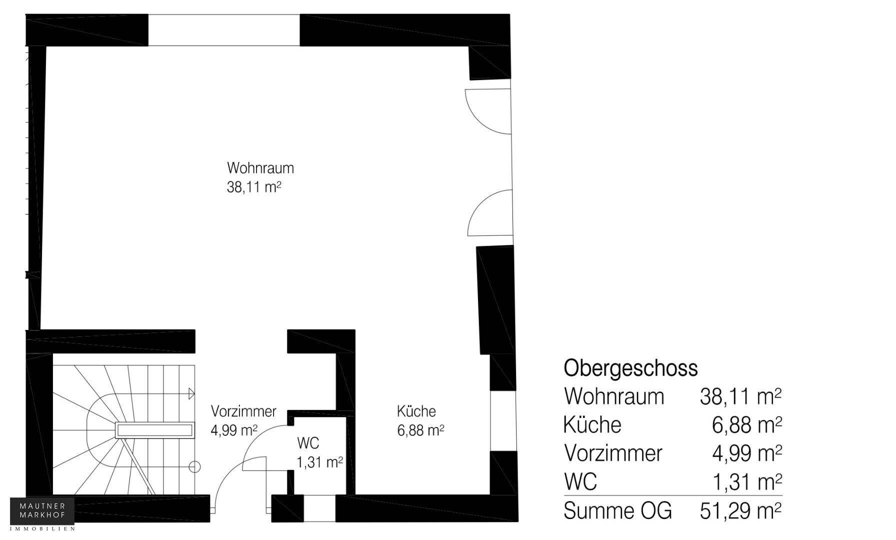 Grundriss des Obergeschosses mit Wohnraum, Küche, Vorzimmer und WC.