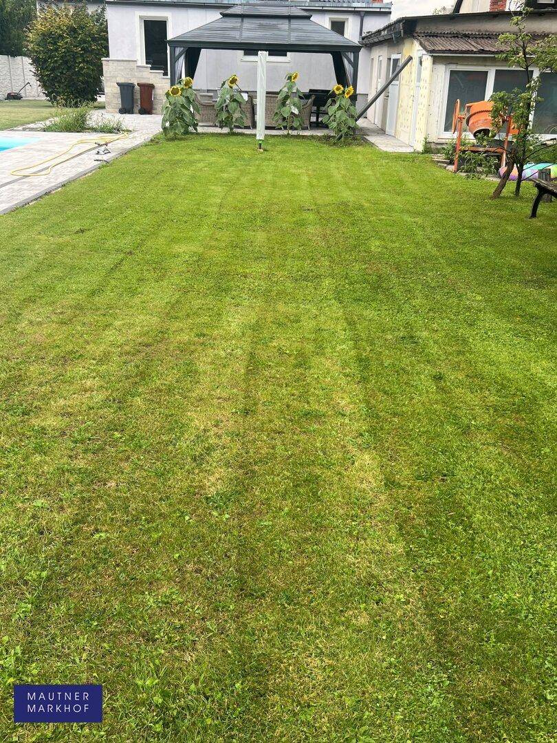 Weitläufige Rasenfläche im Garten mit einem überdachten Sitzbereich.