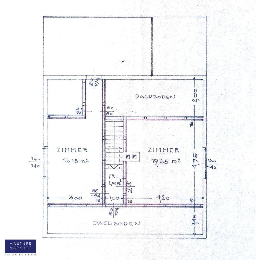 Grundriss des Dachgeschosses mit zwei Zimmern und Dachbodenflächen.