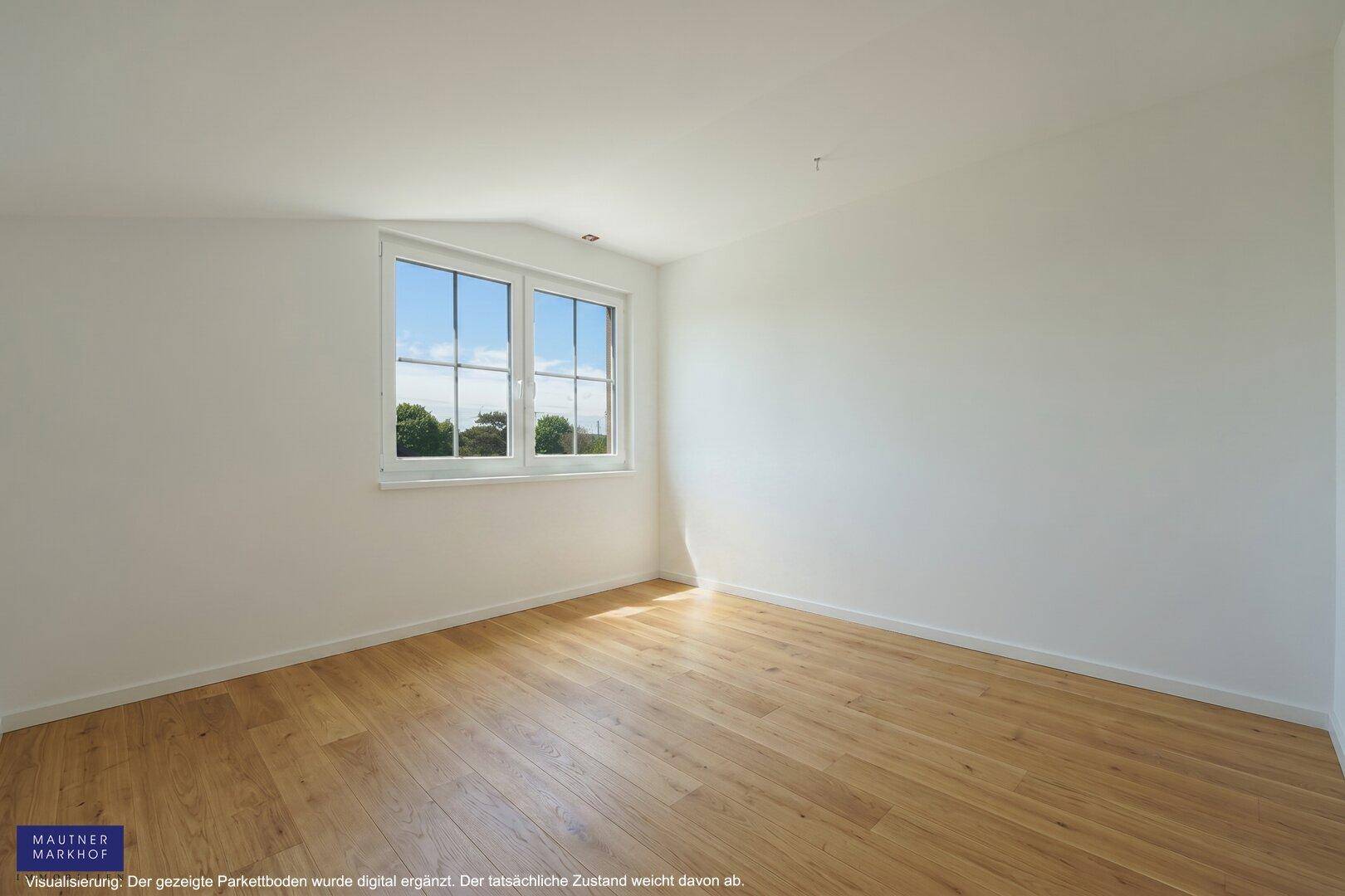 Freundliches Schlafzimmer mit Holzboden und einem Fenster, das den Raum mit natürlichem Licht durchflutet.