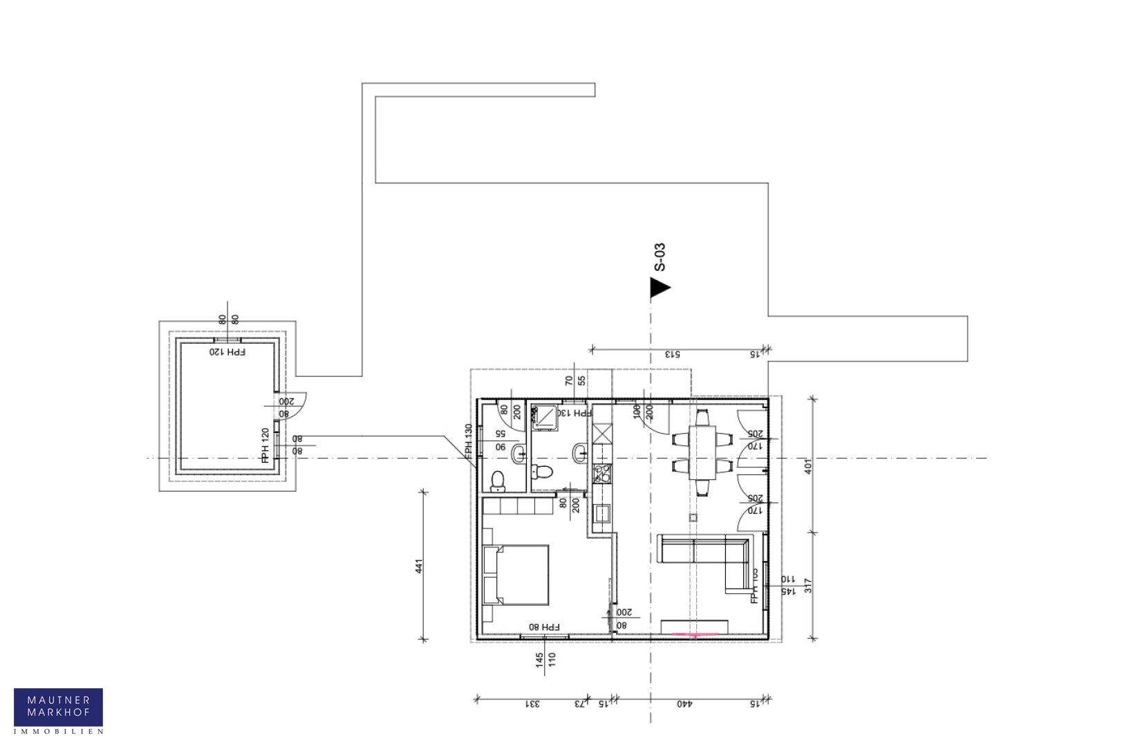 Grundriss des Hauses mit offenem Wohnbereich, Schlafzimmer und Bad.