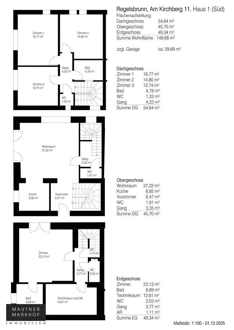 Gesamtgrundriss eines Hauses über drei Etagen mit Schlafzimmern, Wohnbereich und Technikraum.