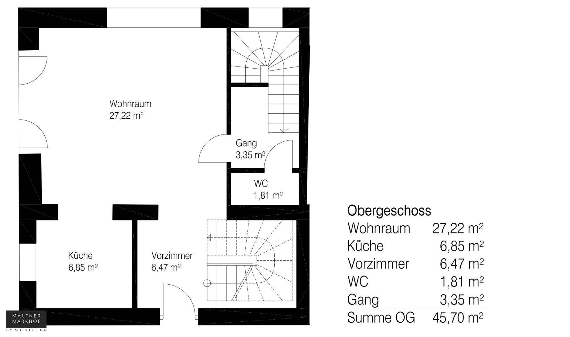 Grundriss des Obergeschosses mit Wohnraum, Küche, Vorzimmer und separatem WC.