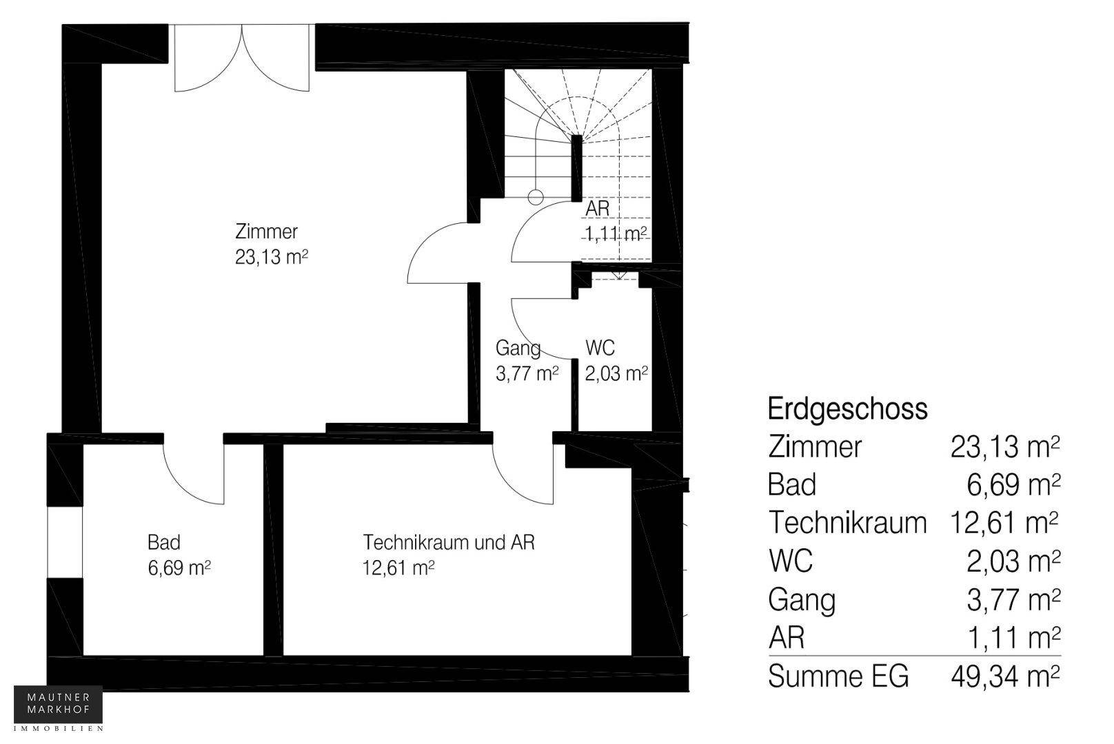 Grundriss des Erdgeschosses mit einem Zimmer, Bad, Technikraum und Abstellraum.