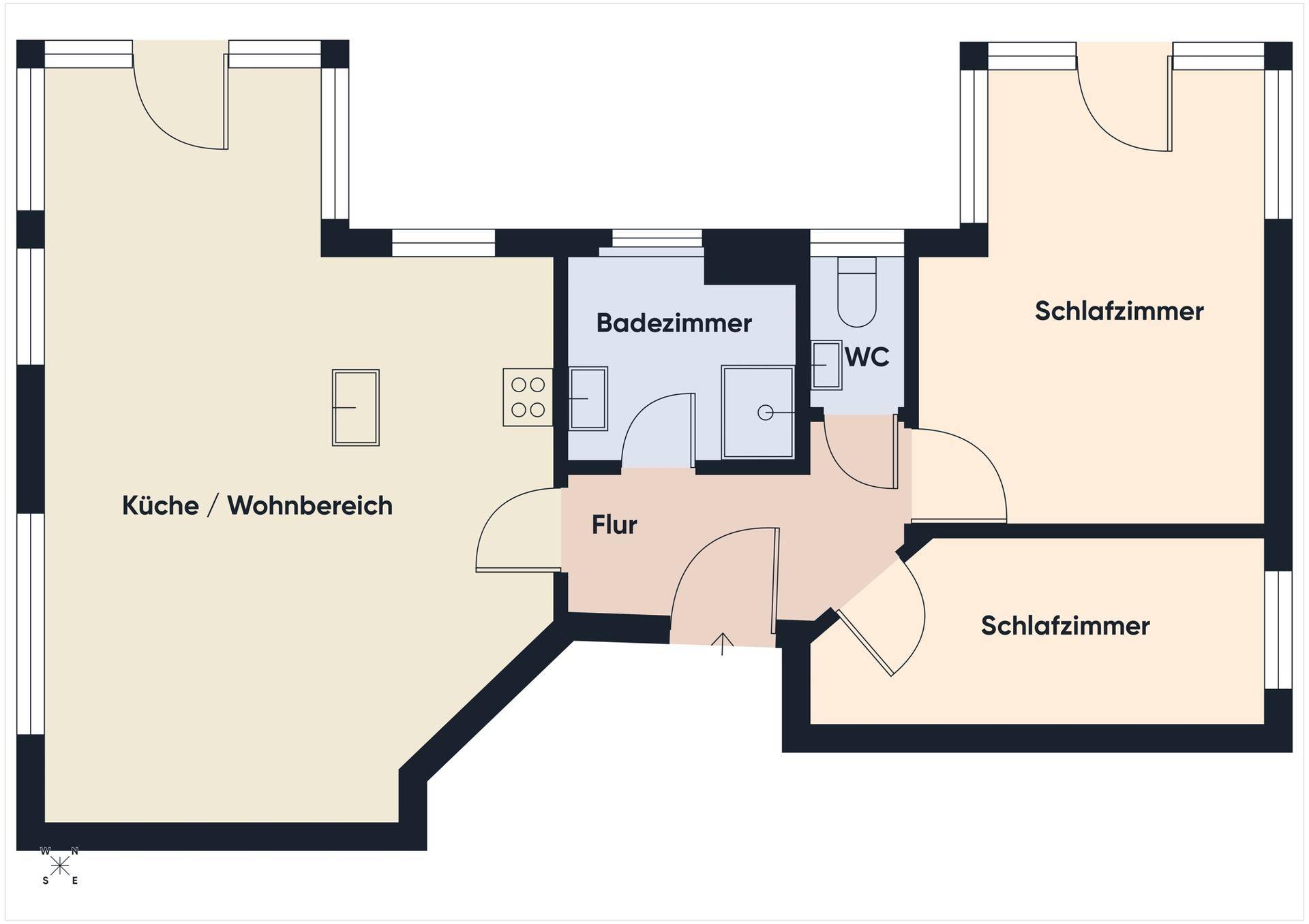 Grundriss der Wohnung mit offener Küche/Wohnbereich, zwei Schlafzimmern, Bad und WC.