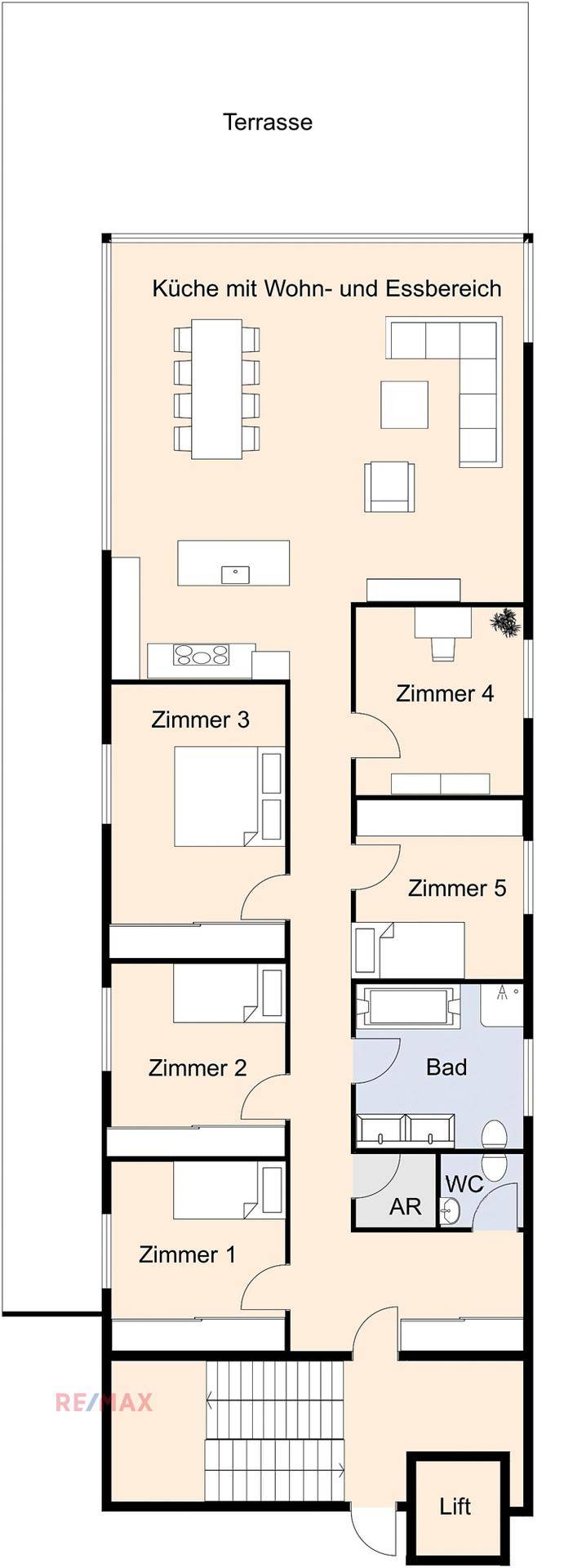 Grundrissplan einer Wohnung mit offener Küche, Wohn- und Essbereich sowie mehreren Zimmern.
