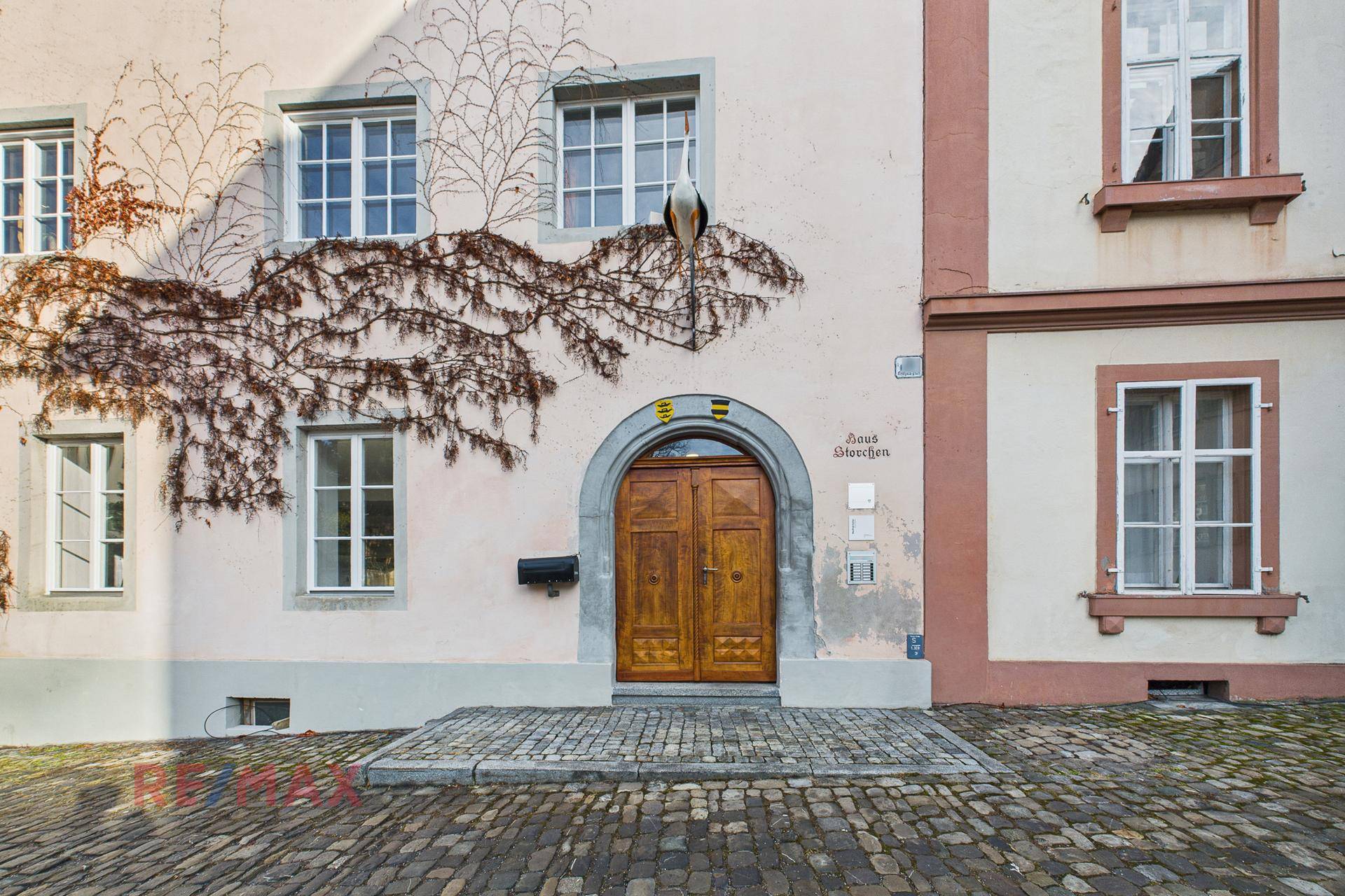 Historischer Eingangsbereich mit massiver Holztür und Kletterpflanzen an der hellen Fassade.