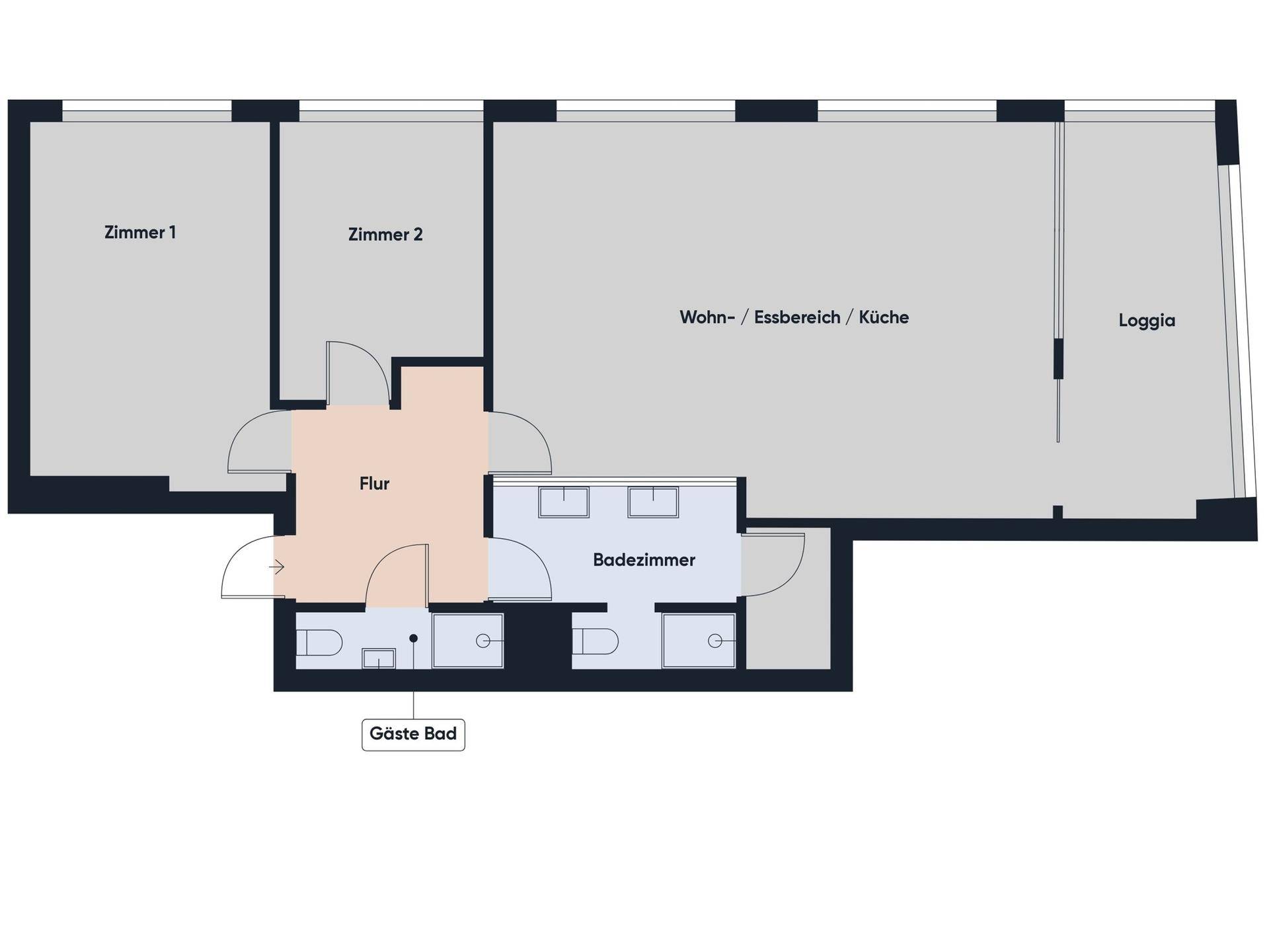 Grundriss einer Wohnung mit zwei Schlafzimmern, offenem Wohnbereich und Loggia.