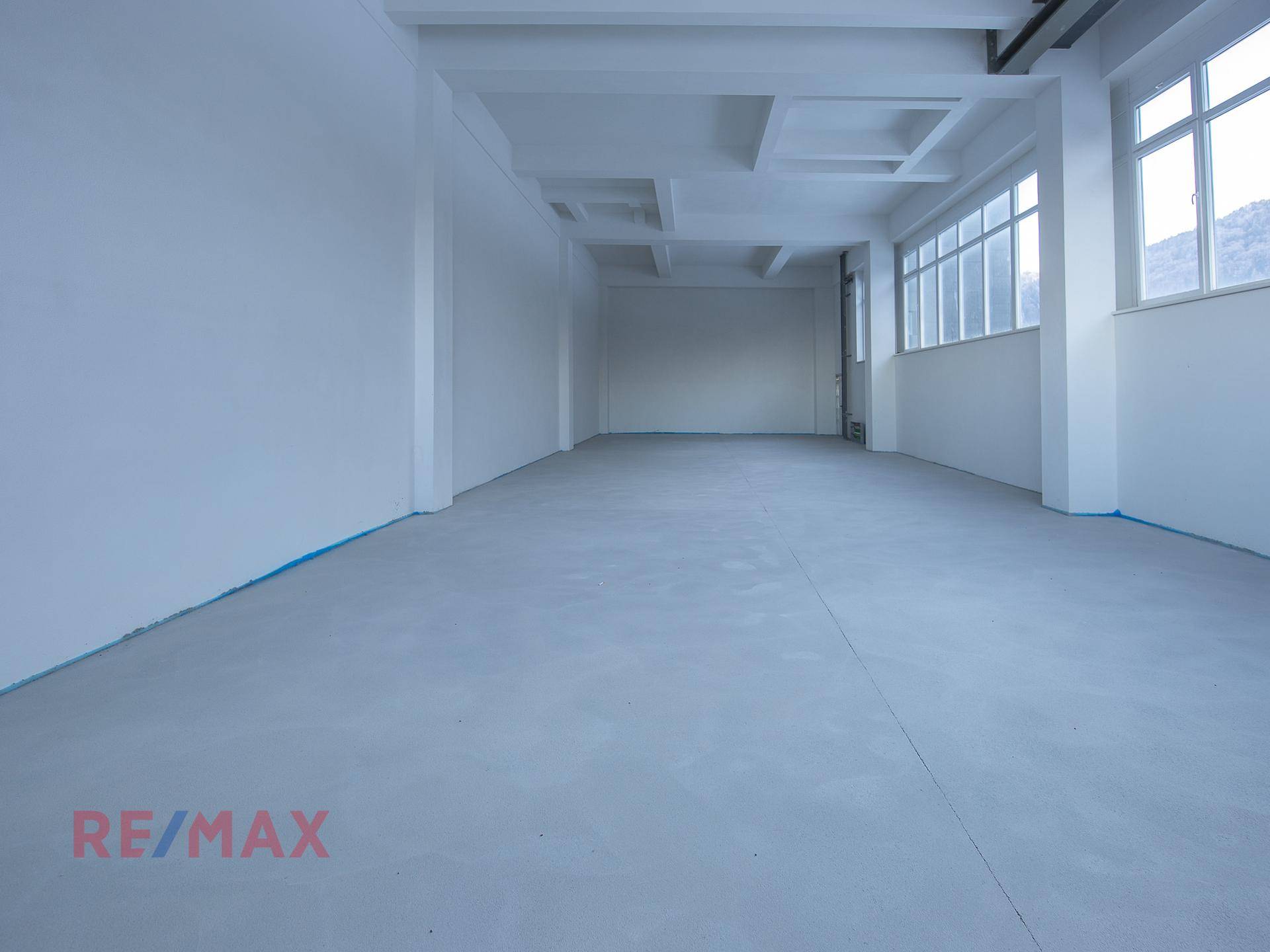 Geräumiger, unmöblierter Gewerberaum mit großen Fenstern und einem robusten Betonboden, ideal für verschiedene Nutzungen.