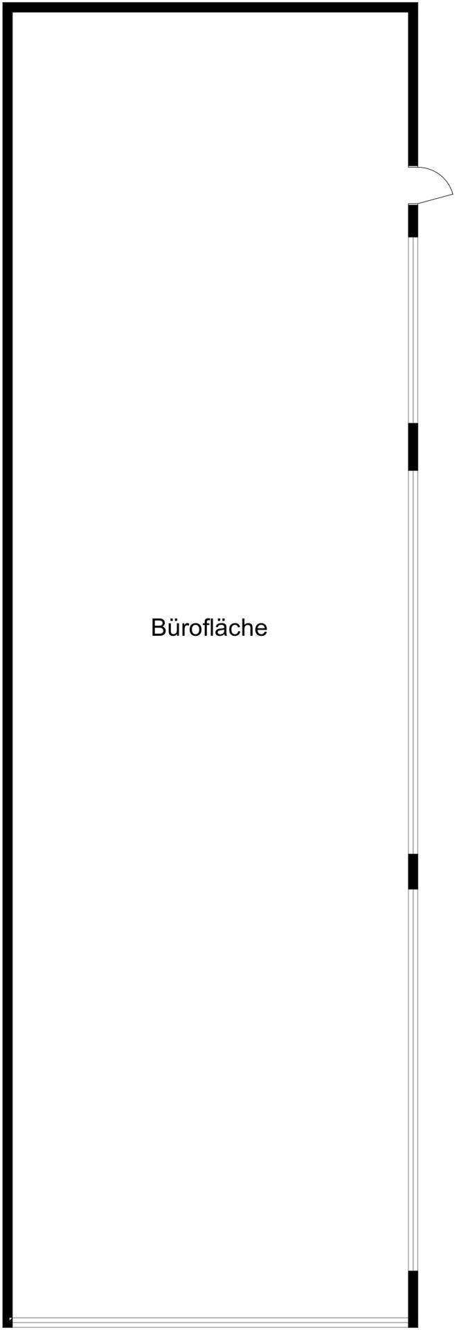 Einfacher Grundriss einer Bürofläche mit rechteckiger Form und mehreren Fenstern.