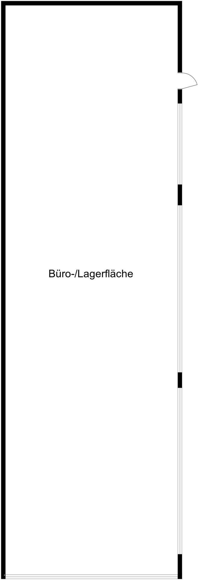 Grundriss einer flexiblen Büro- und Lagerfläche mit Zugangstür und Fensteröffnungen.