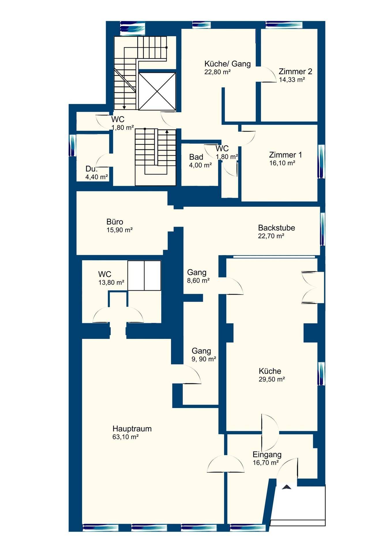 Grundriss des Erdgeschosses mit Büro, Küche, Bad und mehreren Zimmern.